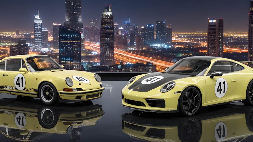 A vintage and a modern yellow Porsche, both featuring the racing number 41 and black decals, are parked in a rustic industrial garage