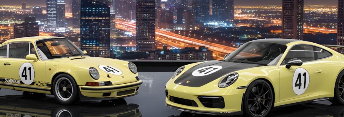 A vintage and a modern yellow Porsche, both featuring the racing number 41 and black decals, are parked in a rustic industrial garage