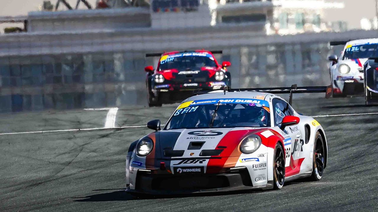 Michelin 24H Series GT cars racing at Yas Marina Circuit in Abu Dhabi