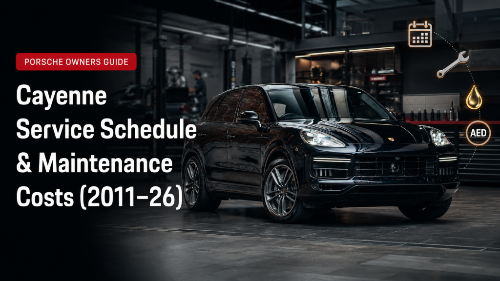 Porsche Cayenne in a luxury workshop for a guide to service schedules and maintenance costs from 2011 to 2026.