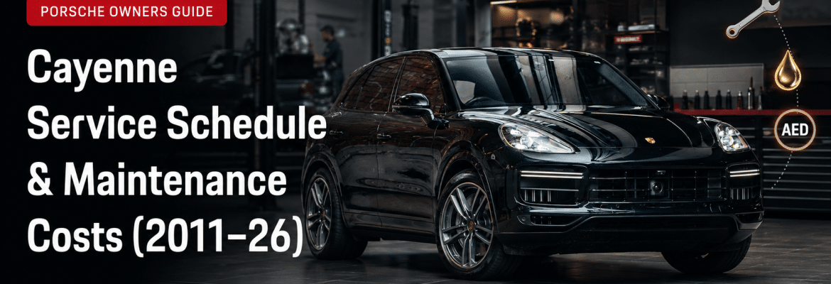 Porsche Cayenne in a luxury workshop for a guide to service schedules and maintenance costs from 2011 to 2026.