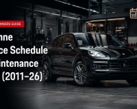 Porsche Cayenne in a luxury workshop for a guide to service schedules and maintenance costs from 2011 to 2026.