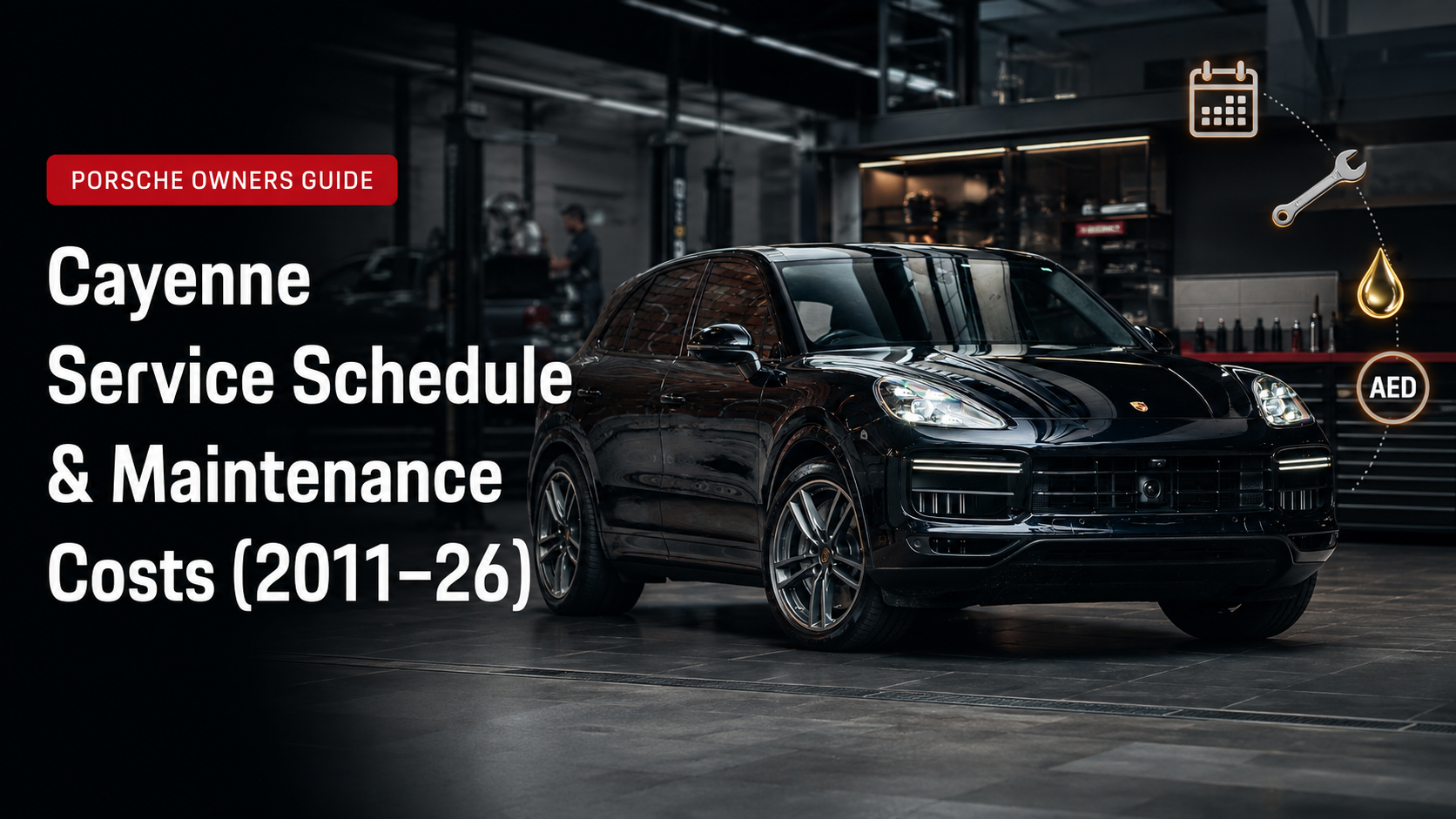 Porsche Cayenne in a luxury workshop for a guide to service schedules and maintenance costs from 2011 to 2026.
