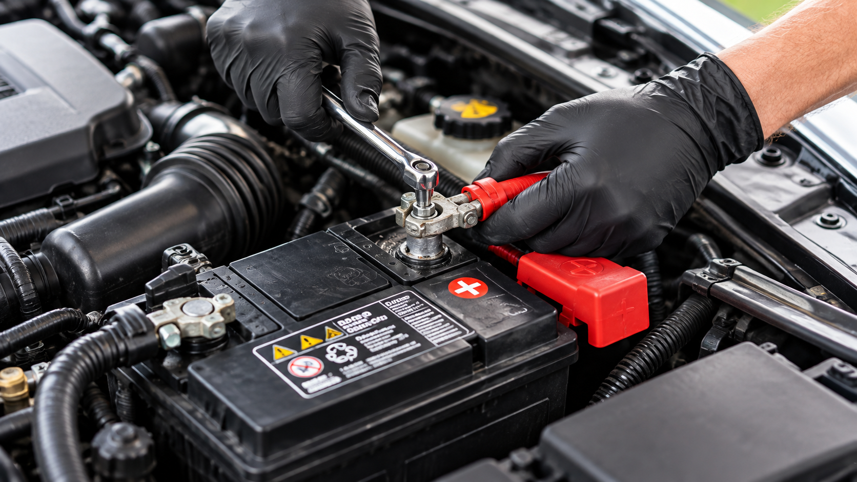 How to disconnect and connect a car battery safely and correctly using a wrench on the battery terminal